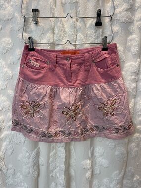 Vintage Miss Me pink mini skirt with butterfly embroidery and beading